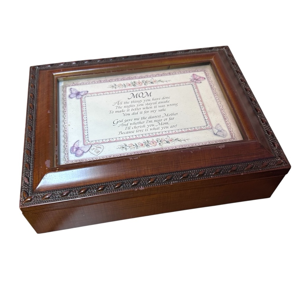 Vintage Wood Jewelry Box Trinket Box “All Through the Night‎ Mom” Poem Musical - Picture 3 of 15